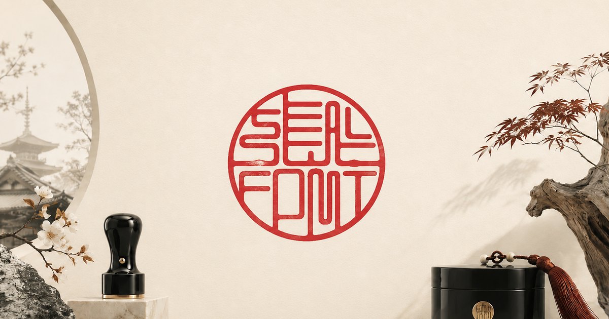 A round red SealFont seal at the centre of a Japanese still life.