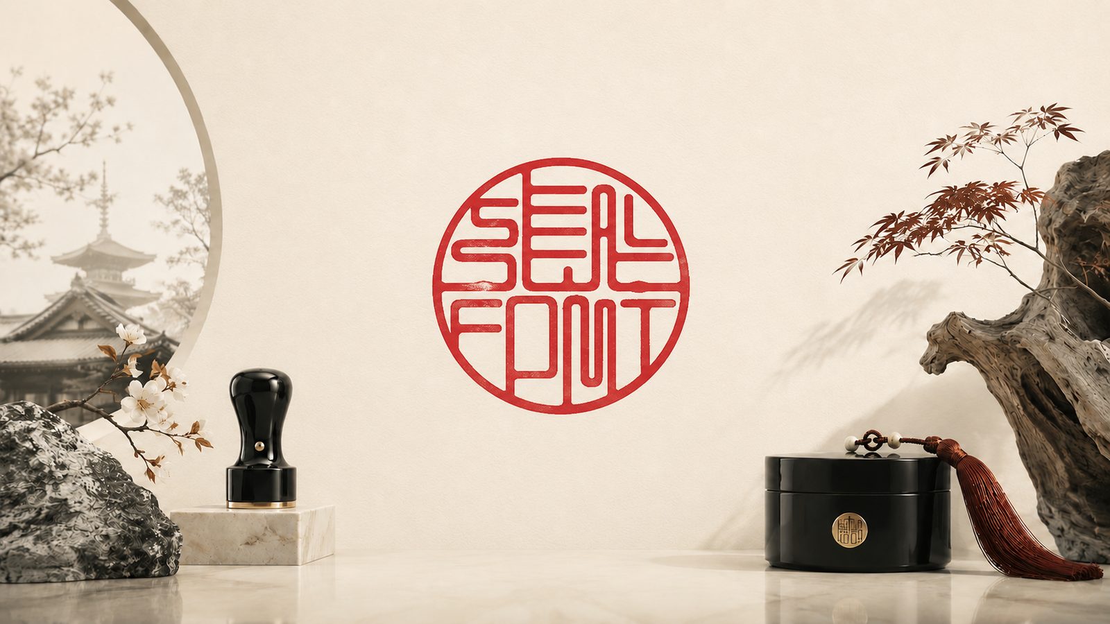 A round red SealFont seal at the centre of a still life — a standing hanko and pagoda to the left, a maple branch and lacquered seal case to the right.