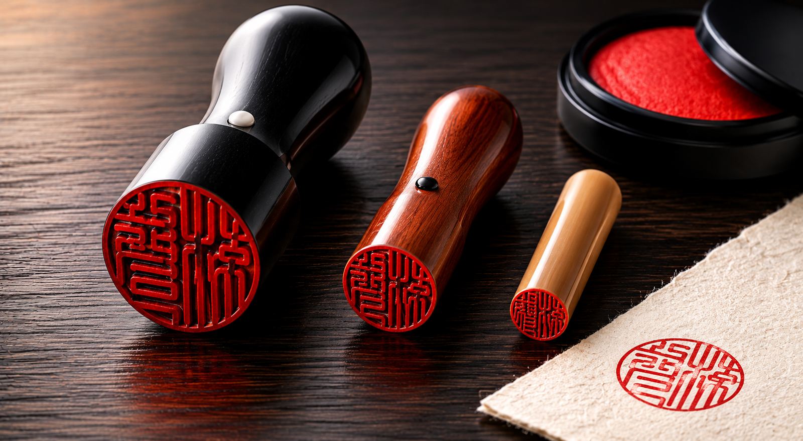 Three carved Japanese hanko seals beside a red ink pad and a stamped impression.