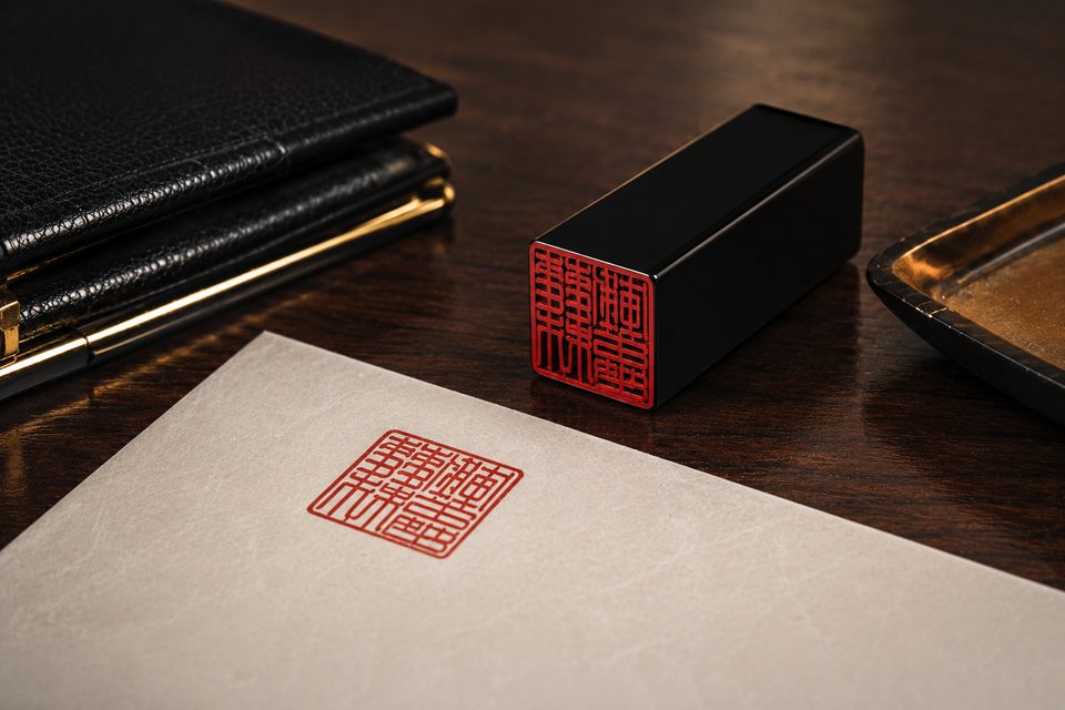 A square red-fill seal with its black handle on ivory paper