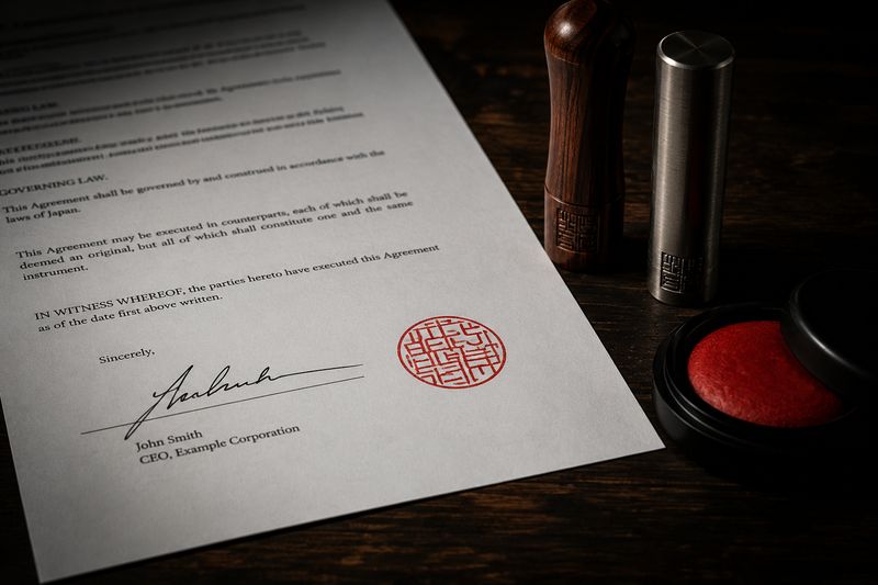 A business contract closed with a vermilion seal beside the signature