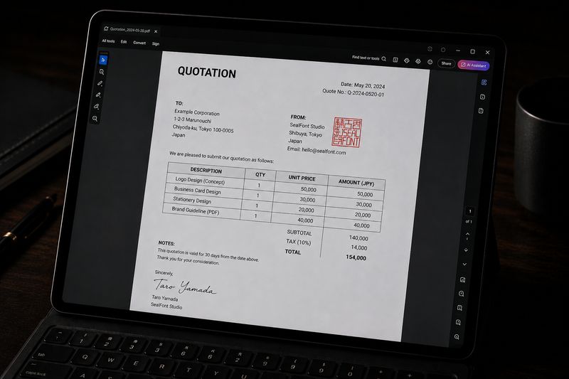 A PDF quotation stamped with a digital square e-seal on a tablet