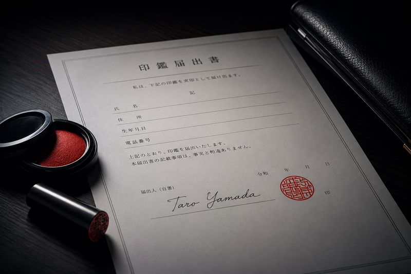 A Japanese seal-registration form (印鑑届出書) stamped with a registered seal
