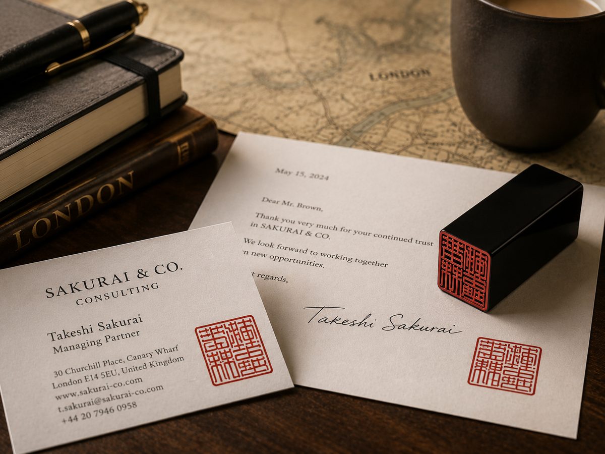 A SealFont seal on a business card and letterhead for SAKURAI & CO.