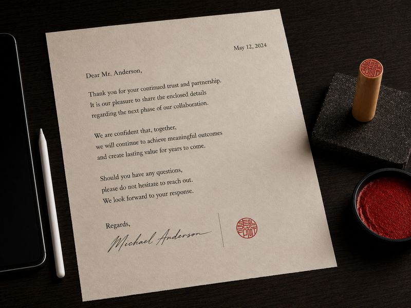 A physical hanko, a dish of vermilion ink, and a letter sealed with a SealFont mark
