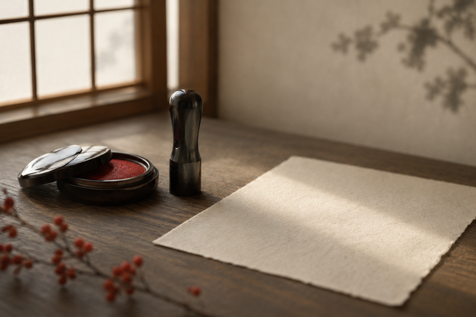 A single dark hanko seal standing beside a round vermilion ink pad and a sheet of blank washi paper in soft morning window light.