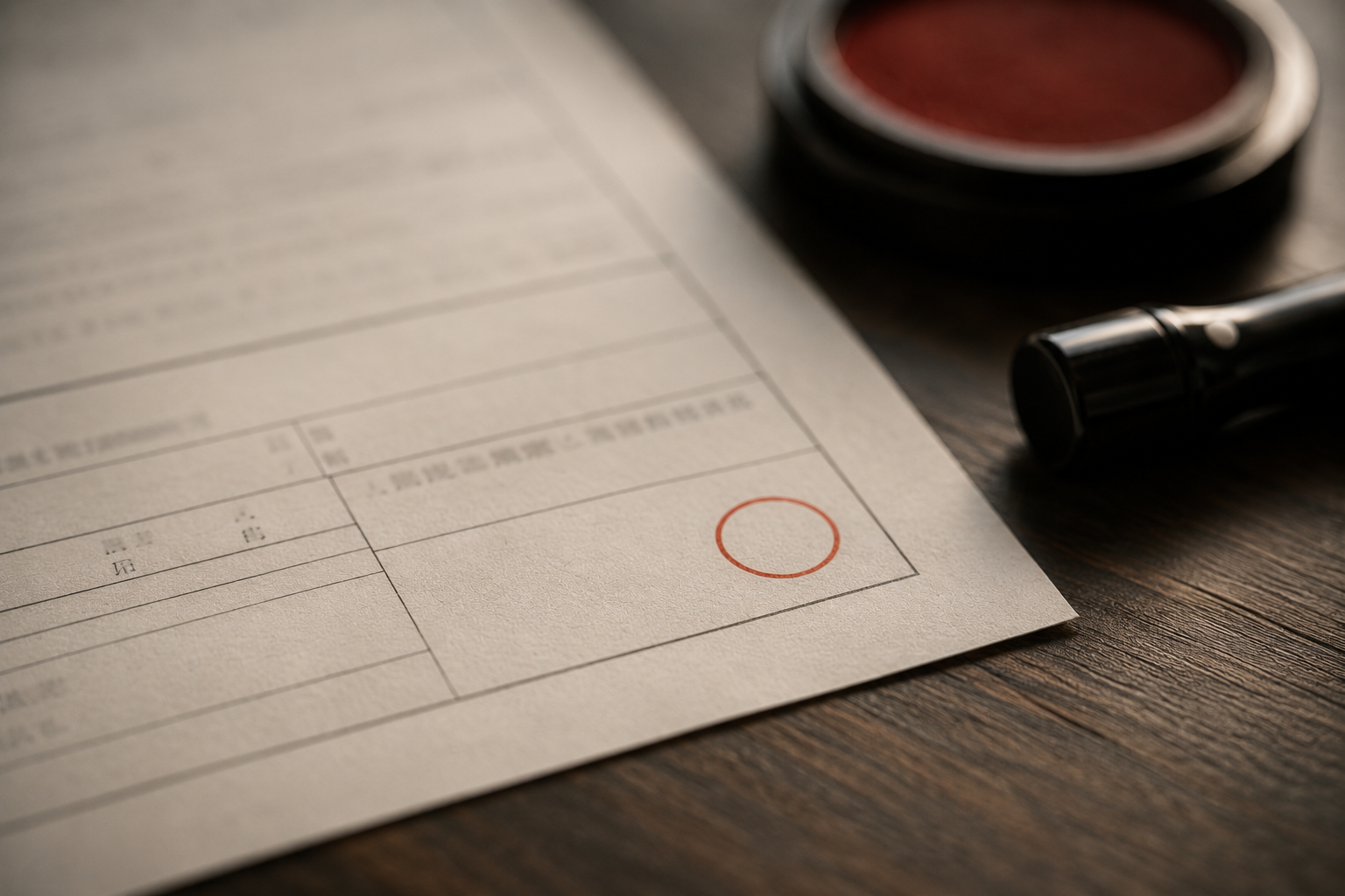 A blank official Japanese form with an empty vermilion circle awaiting a seal, a hanko and a dish of red ink resting beside it.