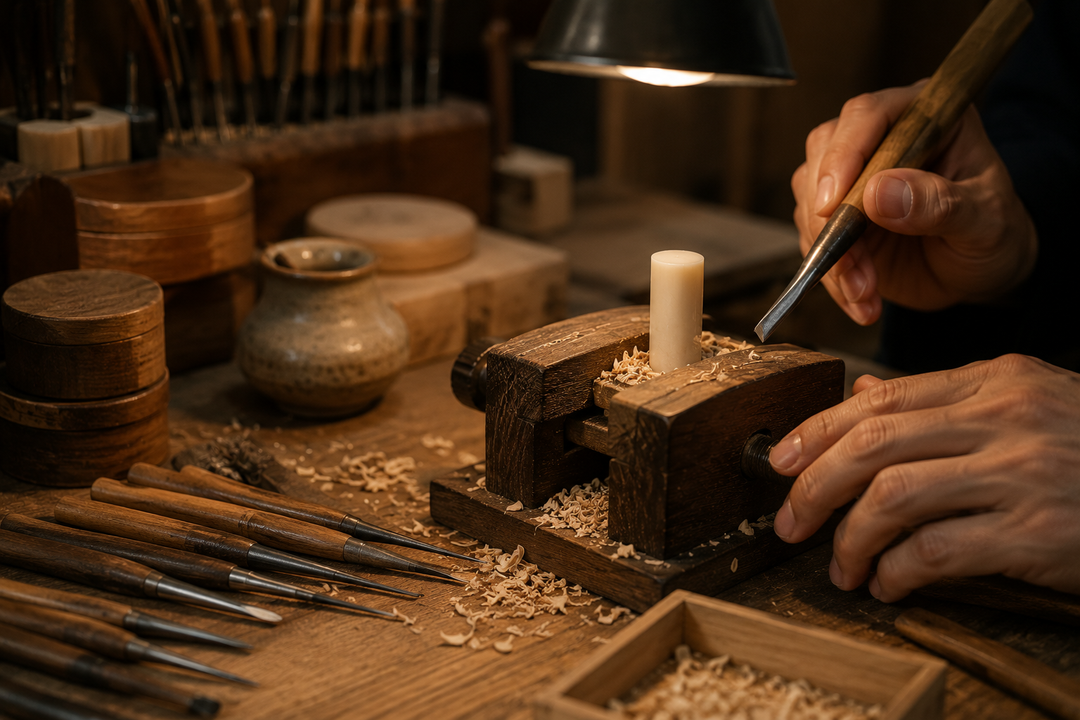 An artisan hand-carving a blank seal blank held in a wooden vise, chisels and wood shavings spread across the workshop bench under a warm lamp.
