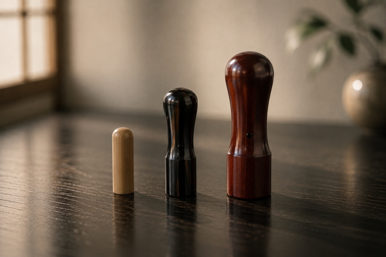 Three Japanese personal seals of different sizes and materials standing in a row, their rank shown by size alone — the everyday, the bank, and the registered seal.