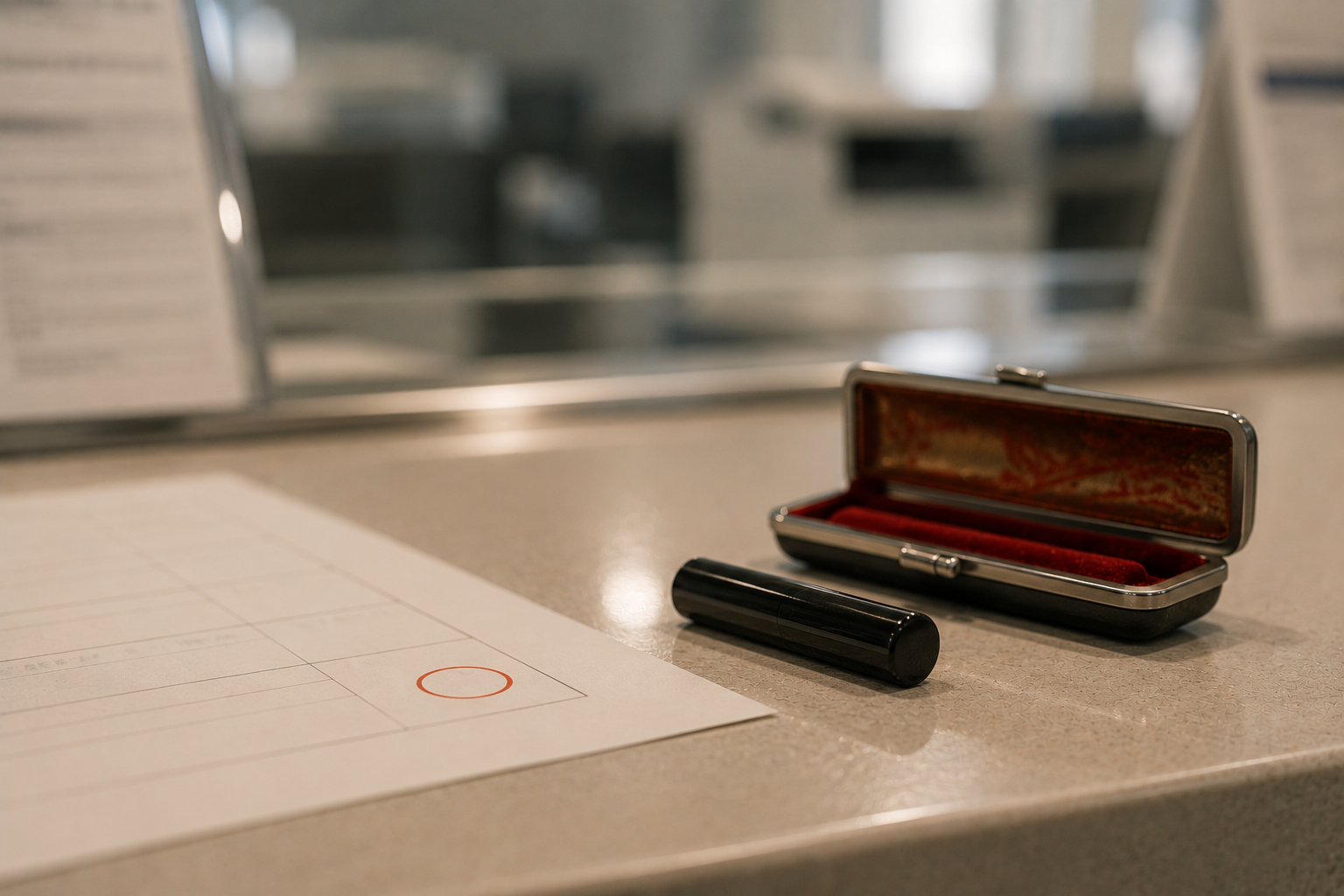 A blank official form with an empty vermilion stamp circle and a seal resting in its case beside it, awaiting the registered jitsuin the ordinances govern.
