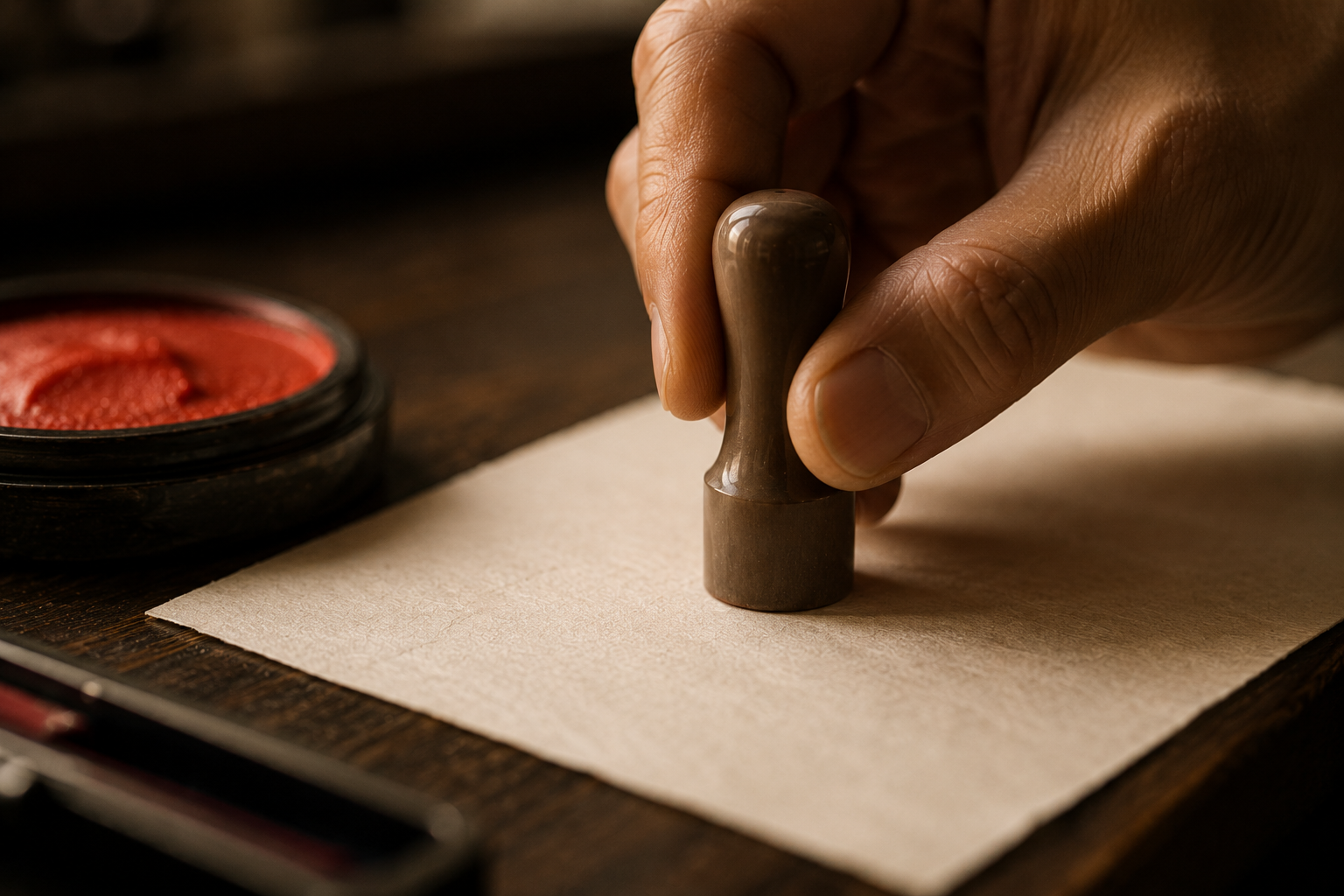 A hand pressing a personal seal onto paper beside a dish of vermilion paste — the single impression a bank teller will later compare by eye at the counter.