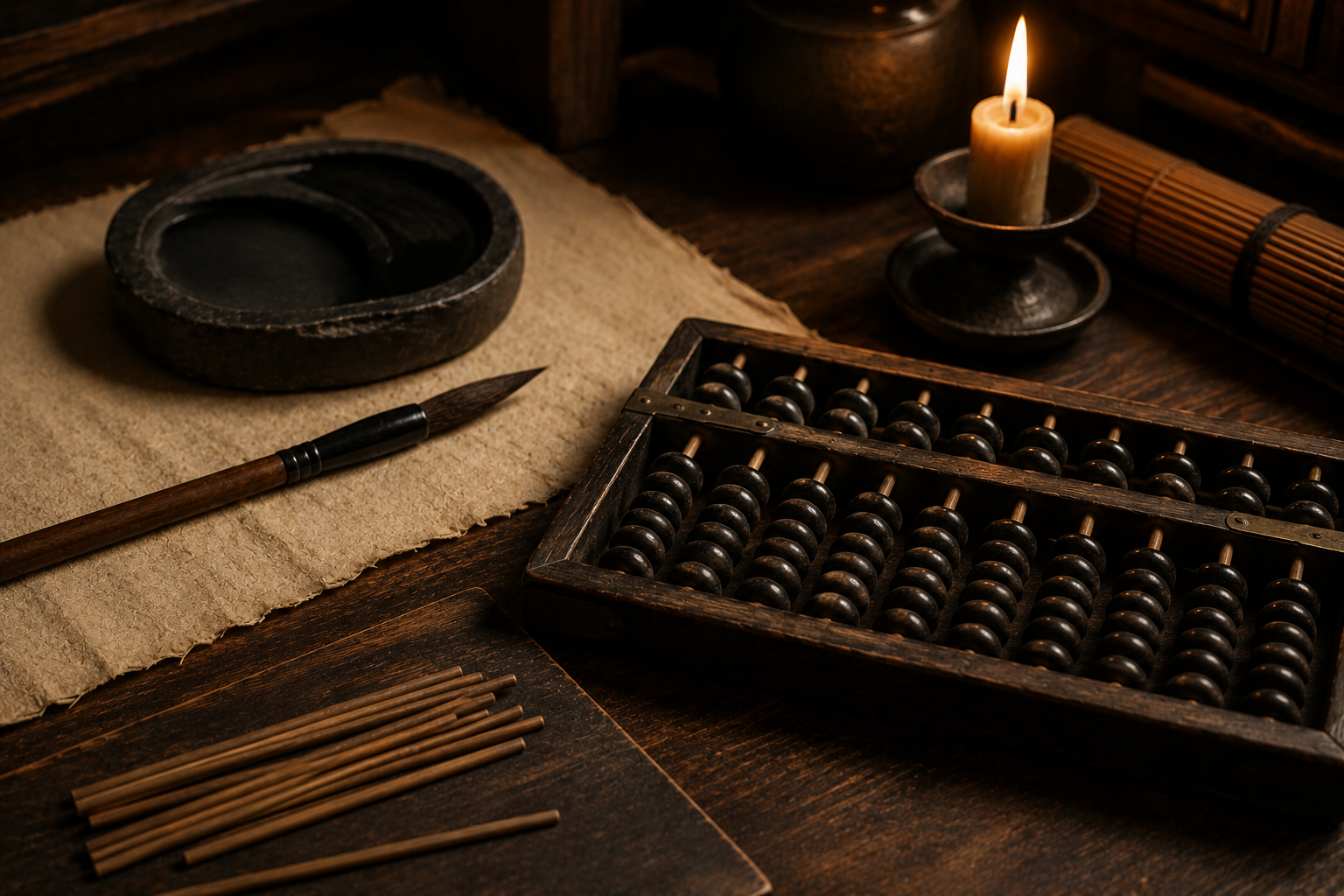An abacus beside a brush and inkstone in warm workshop light, evoking the coordinate-level mathematics that makes each composed seal provably distinct.