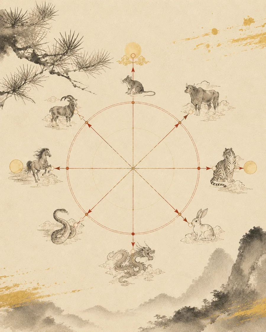 An eight-direction wheel: red arrows reaching outward from a central seal toward eight zodiac animals — rat, ox, tiger, rabbit, dragon, snake, horse, goat — set against ink-wash pine and mountains.