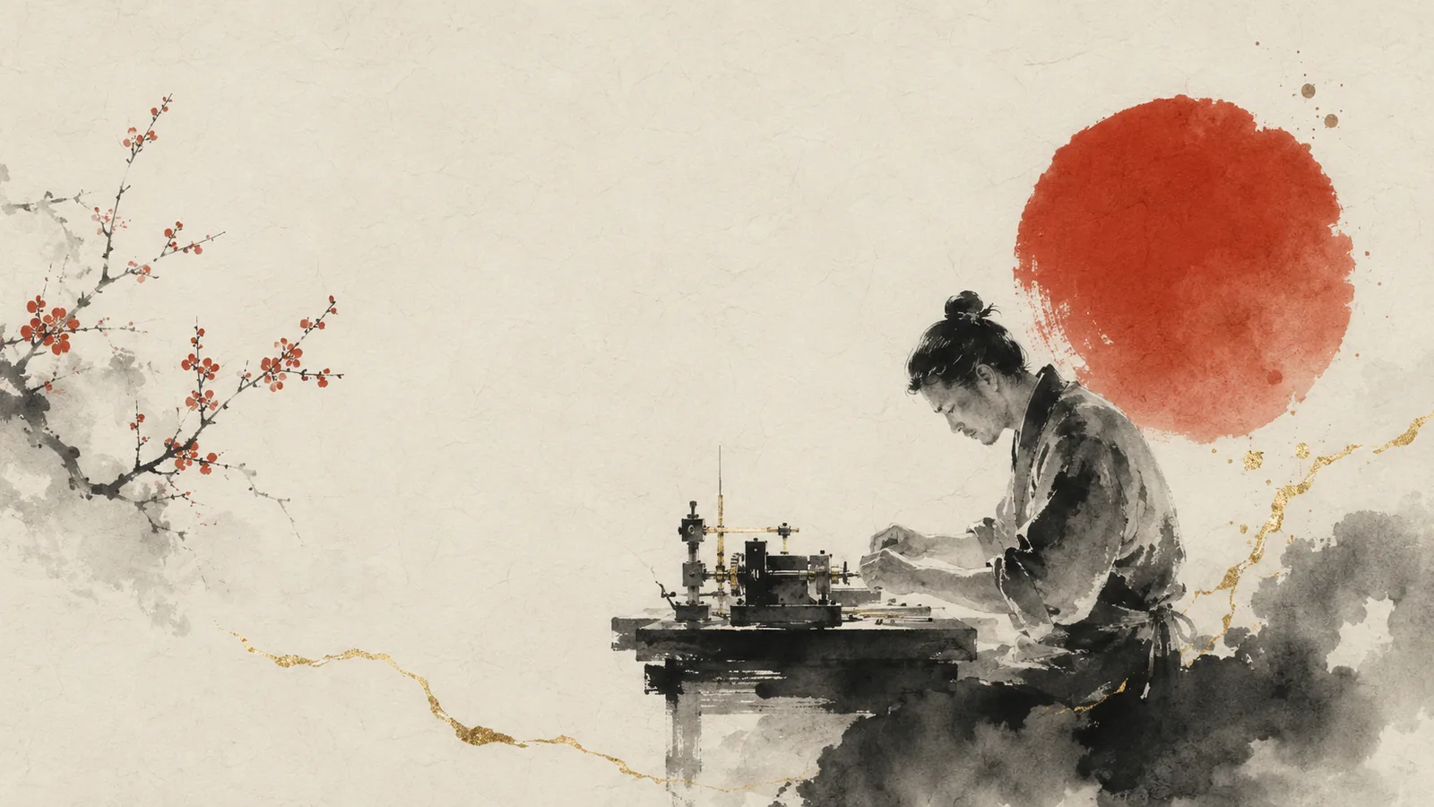 An ink-wash illustration of a craftsman hunched over a small precision engraving machine, a large red sun behind him and a plum branch to the side.