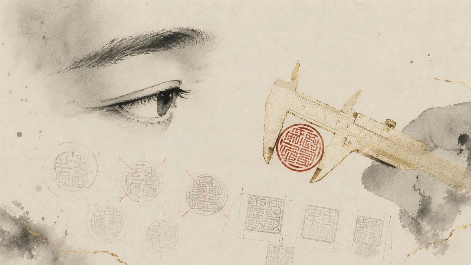 A single human eye in sumi ink beside a small vermilion seal held in golden calipers, with faint rejected draft seals marked out below.