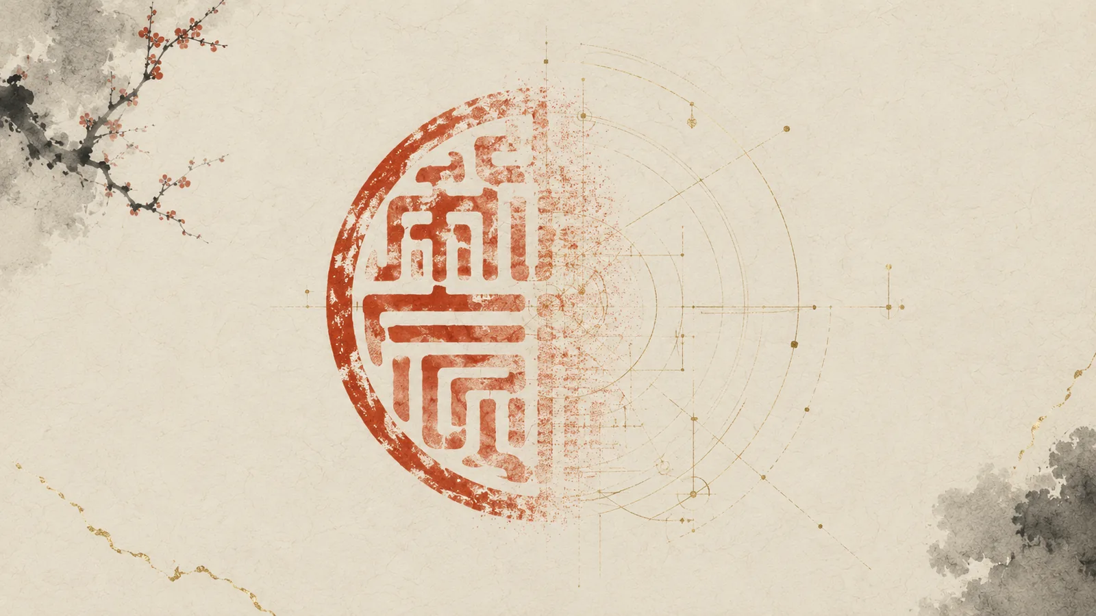 A round vermilion seal impression, its right half dissolving into fine gold engineering construction lines and measurement arcs.