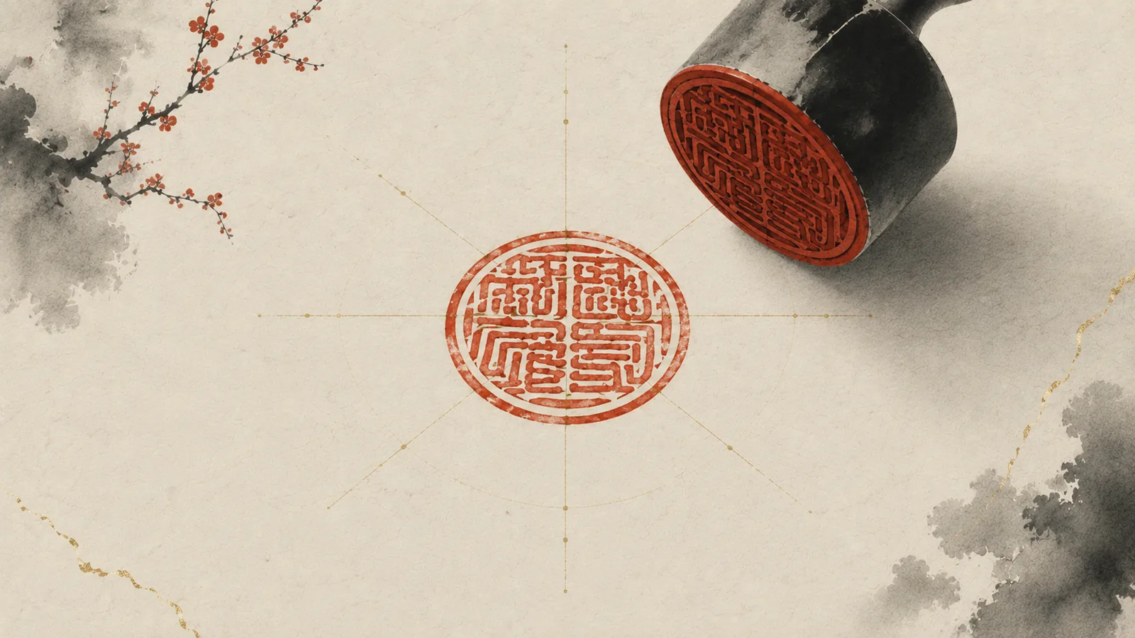 A round vermilion seal freshly pressed onto washi, the stamp lifting away at an angle, a faint eight-pointed gold compass radiating from beneath the impression.