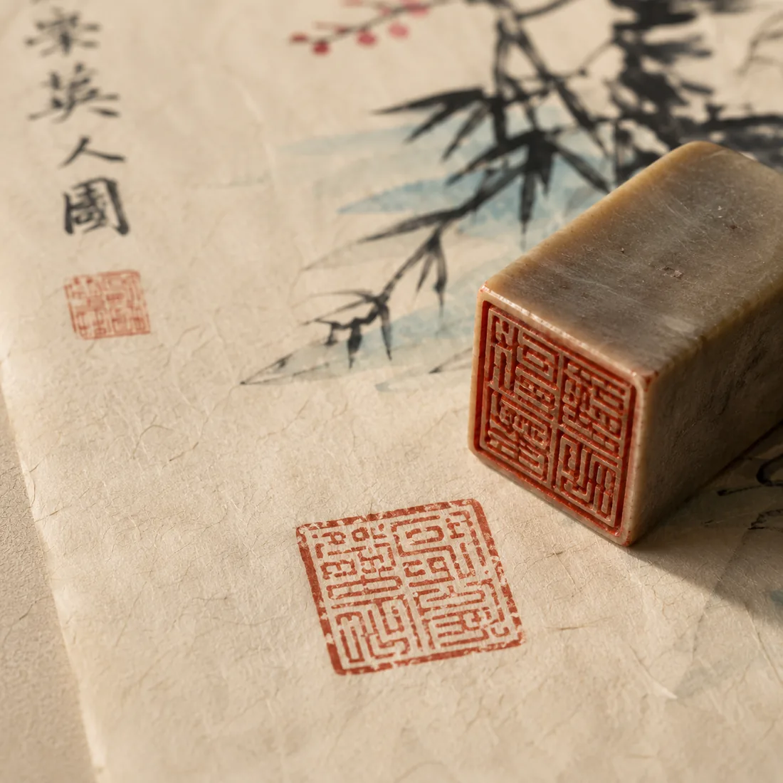 A carved square seal stone beside its red impression on an ink painting of bamboo.