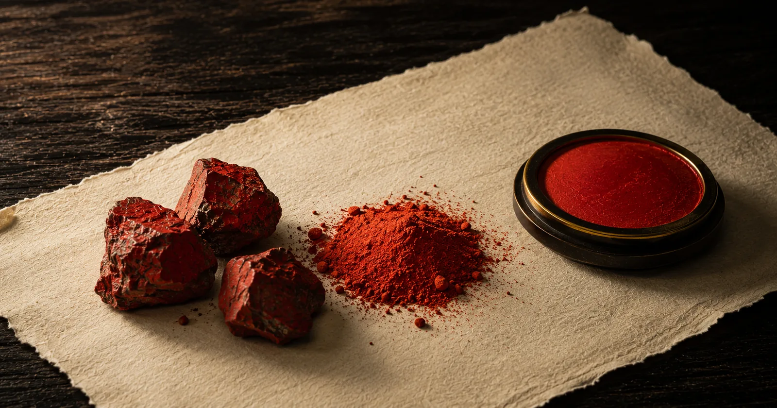 Raw cinnabar ore beside ground vermilion powder and a dish of red seal paste on handmade paper.
