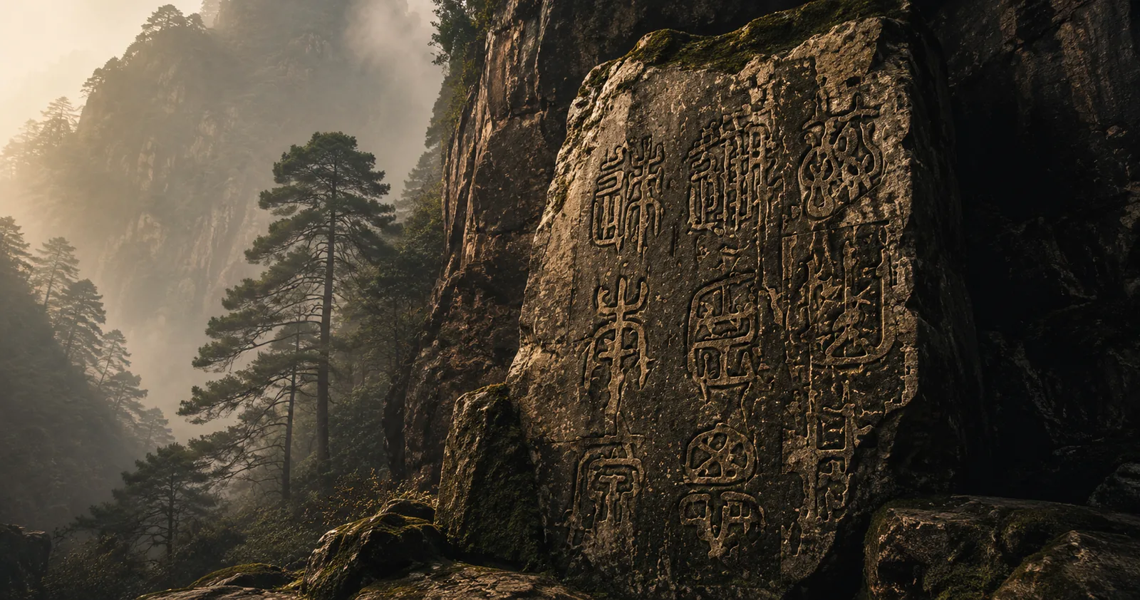 Ancient seal-script characters carved into a mist-wrapped mountain cliff face.