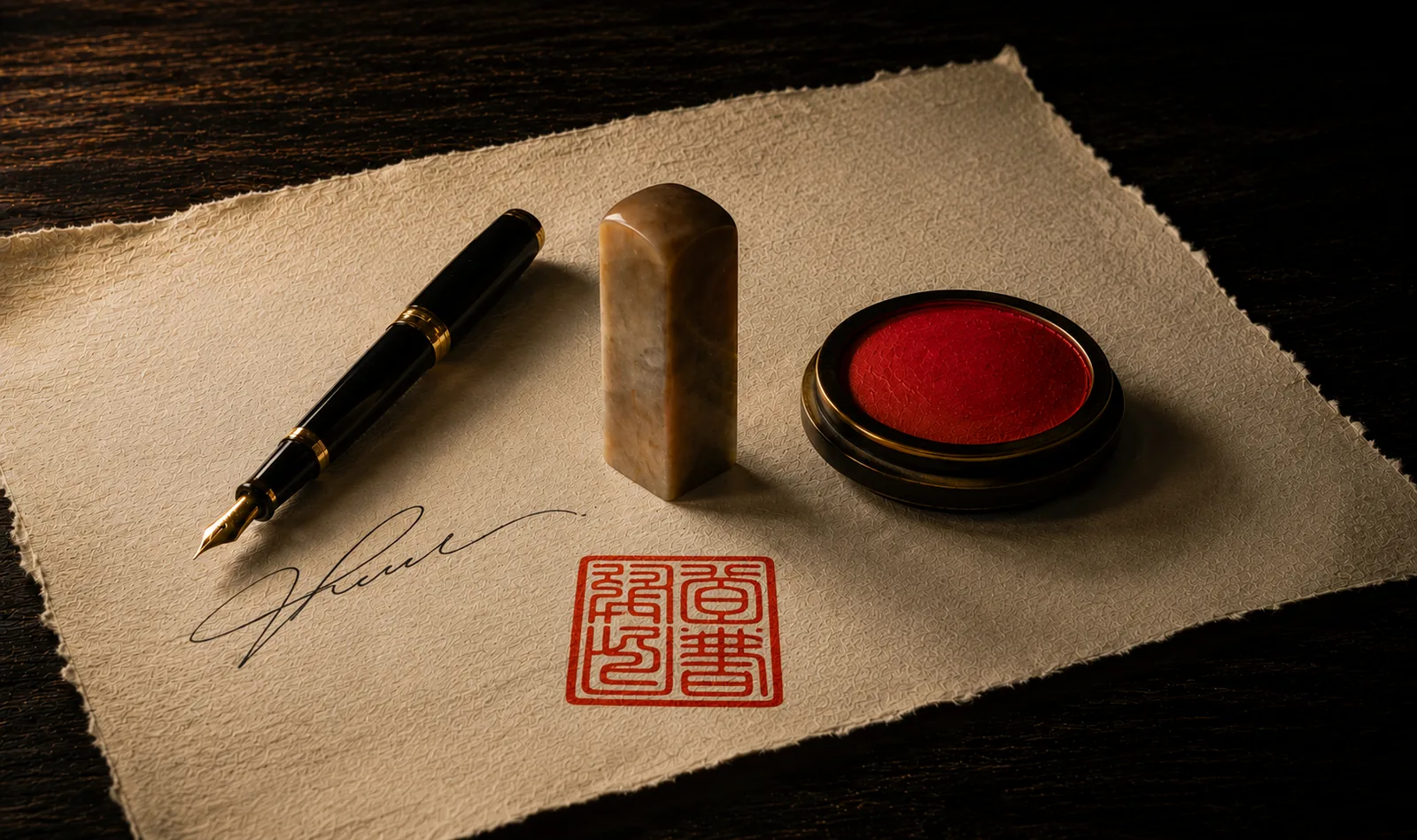 A Western quill pen beside a Japanese stone seal, a calligraphy brush, and a dish of red seal paste.