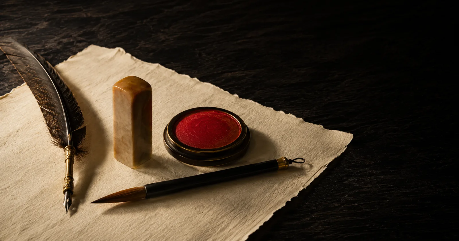 A Western quill pen beside a Japanese stone seal, a calligraphy brush, and a dish of red seal paste on handmade paper.